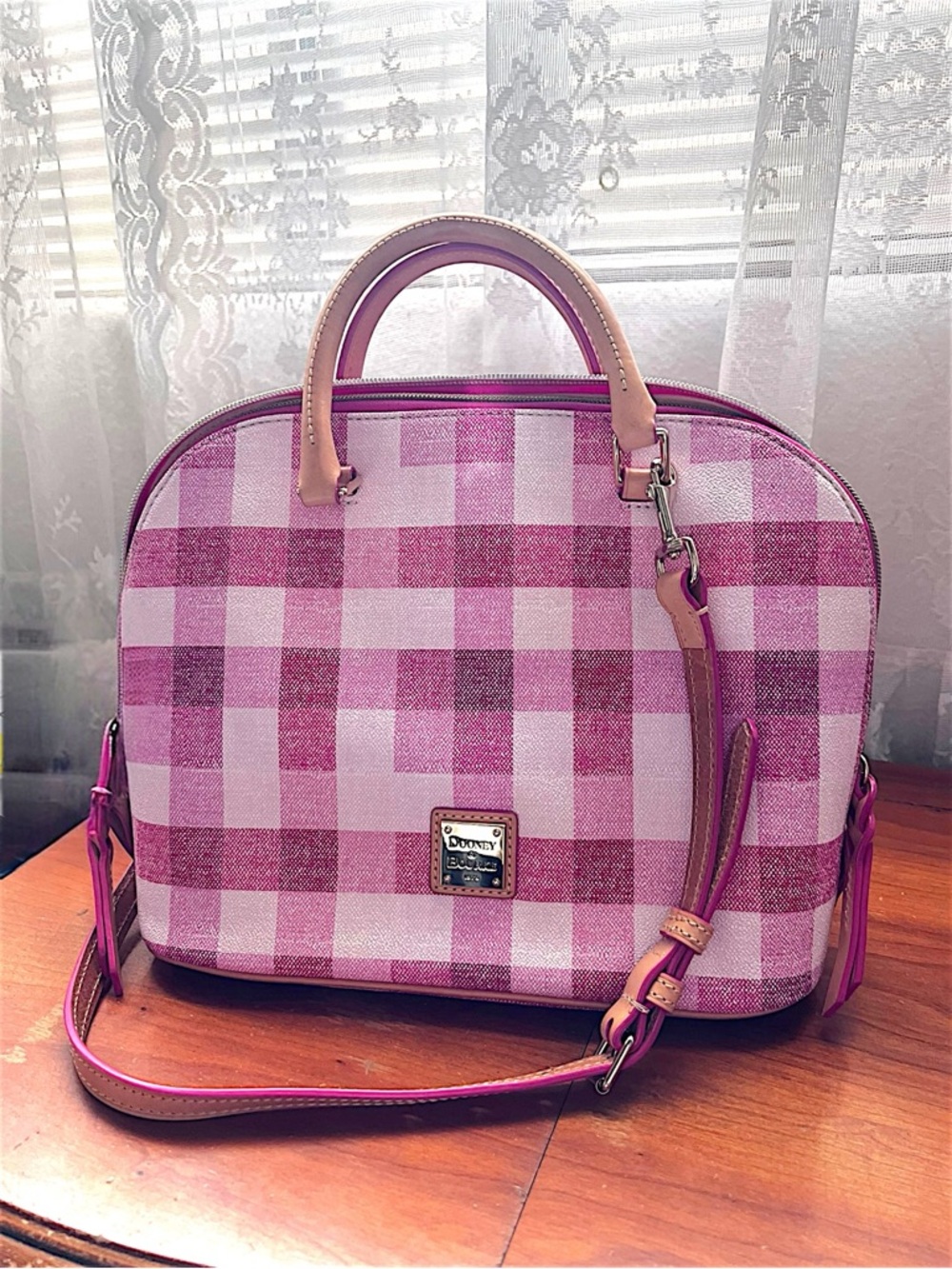 Dooney & Bourke Pink Gingham Dome Satchel with Leather Trim - Picture 2 of 6